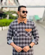 Men's Cotton Double Pocket Shacket Check Shirt, Full Sleeve