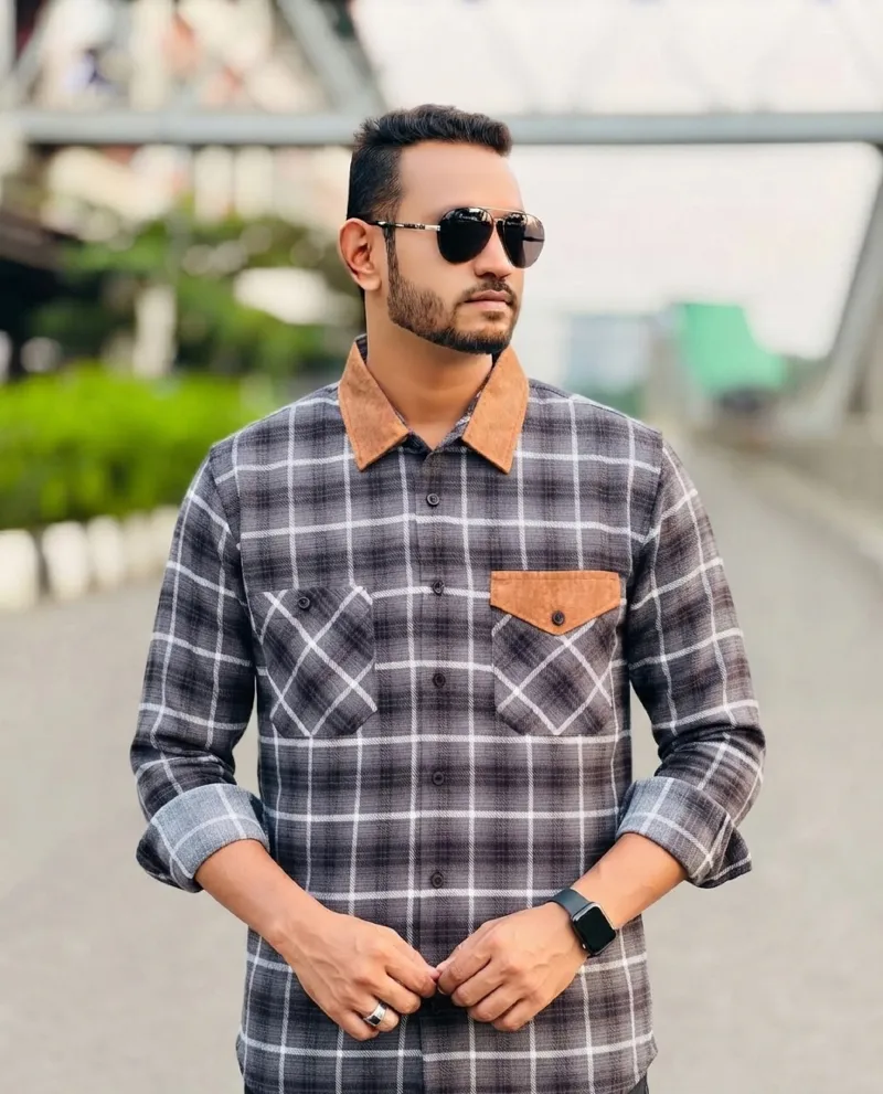 Men's Cotton Double Pocket Shacket Check Shirt, Full Sleeve