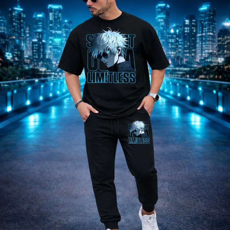 Men's Pure Cotton Drop Shoulder Tee and Suit Fabric Trouser Set