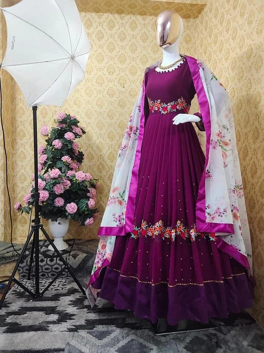 Women's Georgette Embroidered Party Dress, Free Size up to 47 Inch