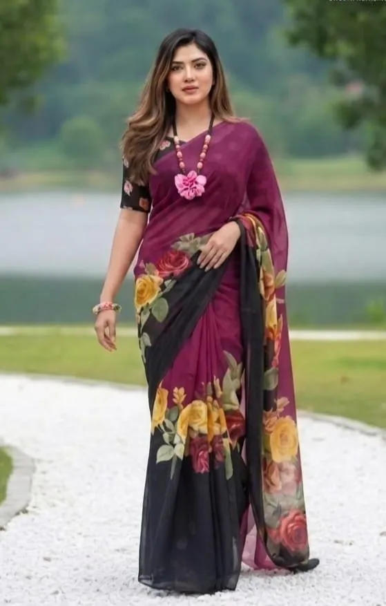 Lightweight Rongdhonu Georgette Saree with Blouse, 5 Colours