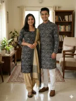 Couple Slub Cotton Three Piece and Panjabi Set, Screen Print