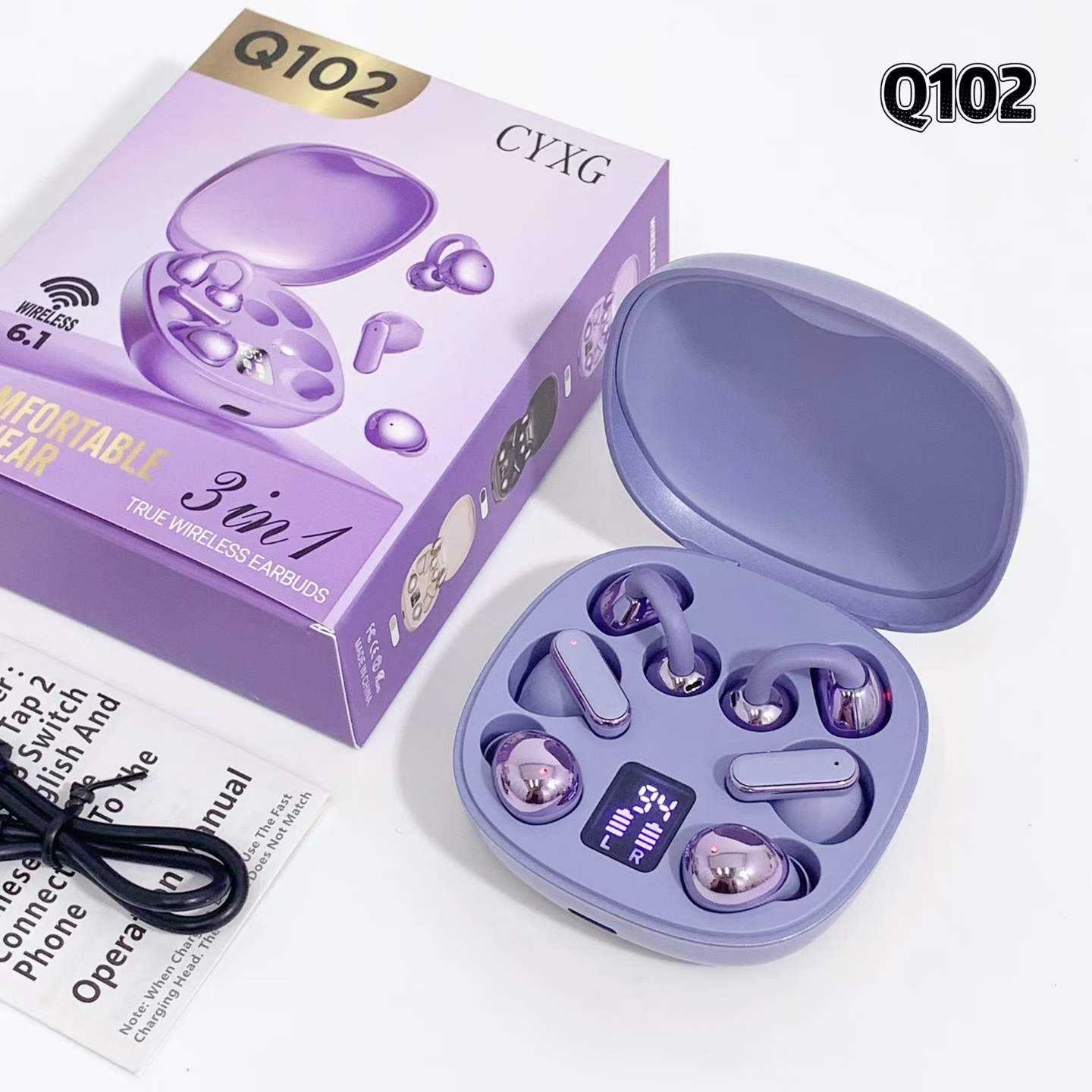 Q102 3-in-1 3Pairs Wireless Bluetooth Earbuds 6 Earphones Clip on & in Ear TWS Headphones HD Digital Display Voice Control Waterproof