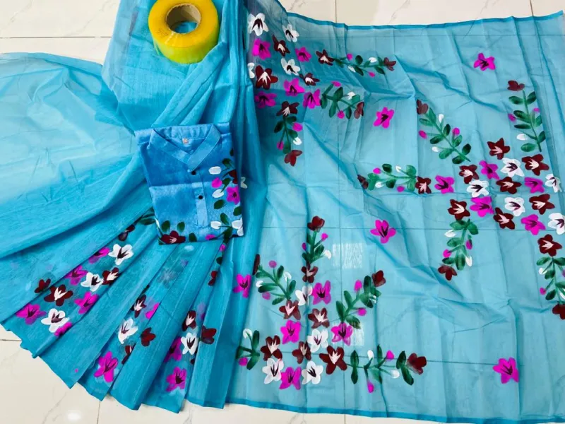 Hand Brush Print Couple Dress, Half Silk Saree and Dhupian Panjabi