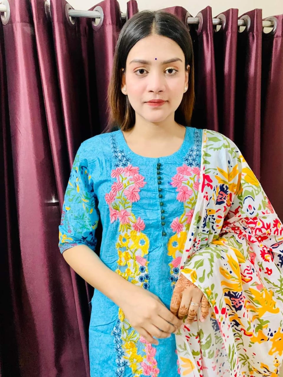 Embroidered Voile Three Piece with Screen Print Cotton Orna