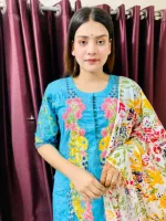 Embroidered Voile Three Piece with Screen Print Cotton Orna