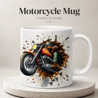 Motorcycle Mug – Premium Ceramic Coffee Mug with 3D Creative Biker Wraparound Design, Microwave & Dishwasher Safe