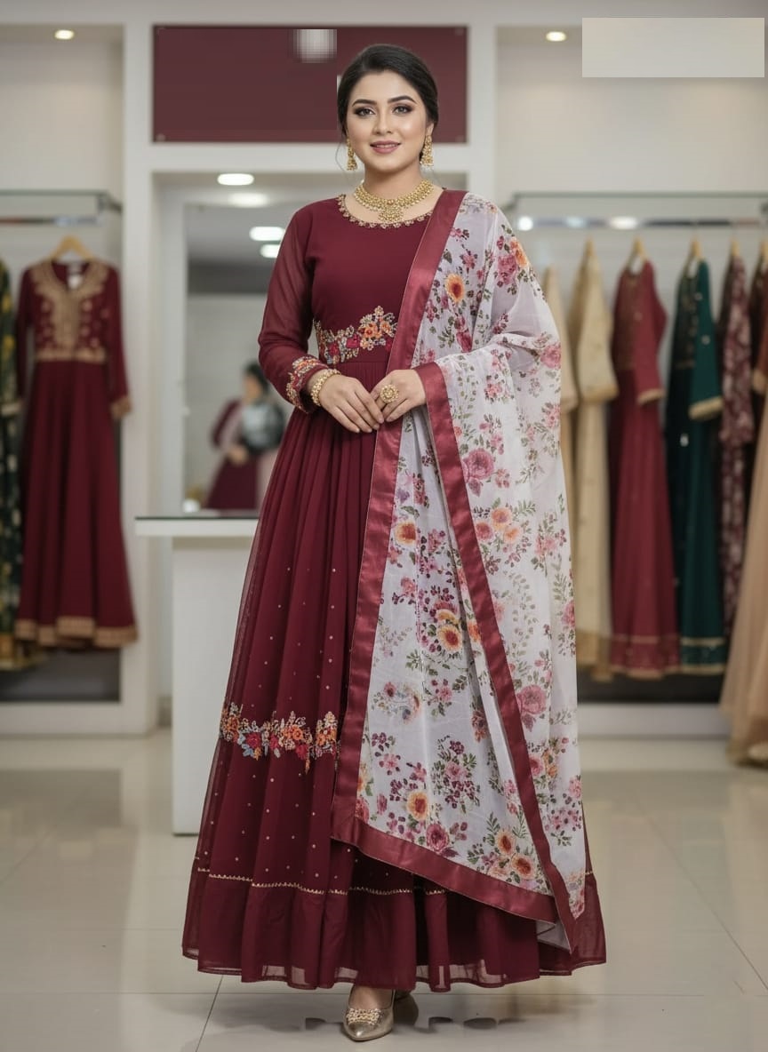 Readymade Georgette Party Dress, Front and Back Embroidery, 54 Inch