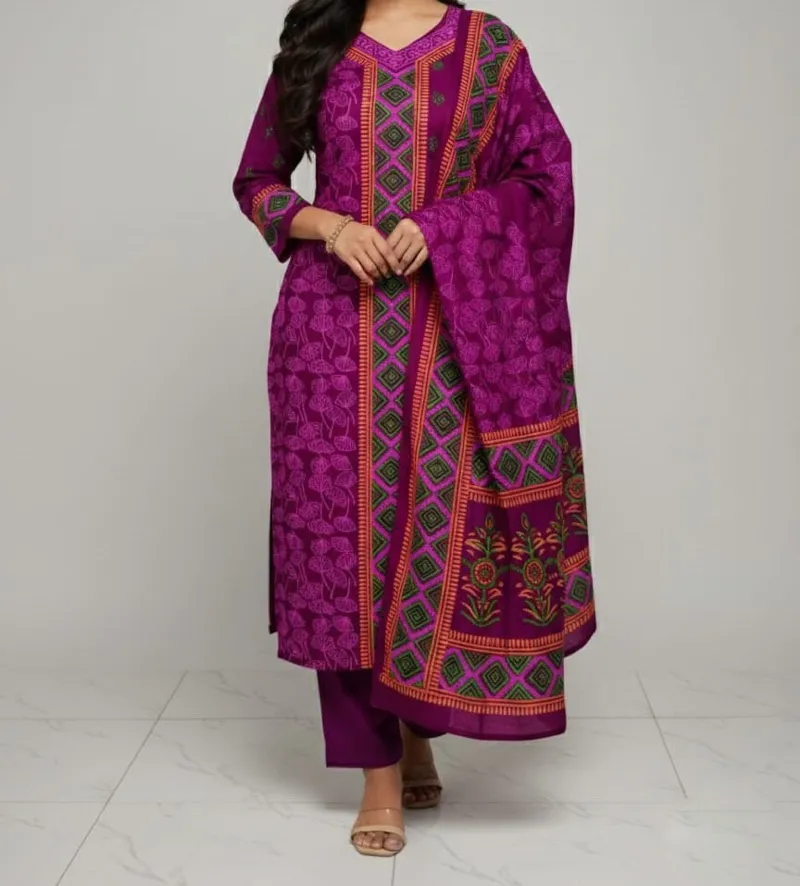 Unstitched Block Print Three Piece in Cotton Voile, 6 Colours