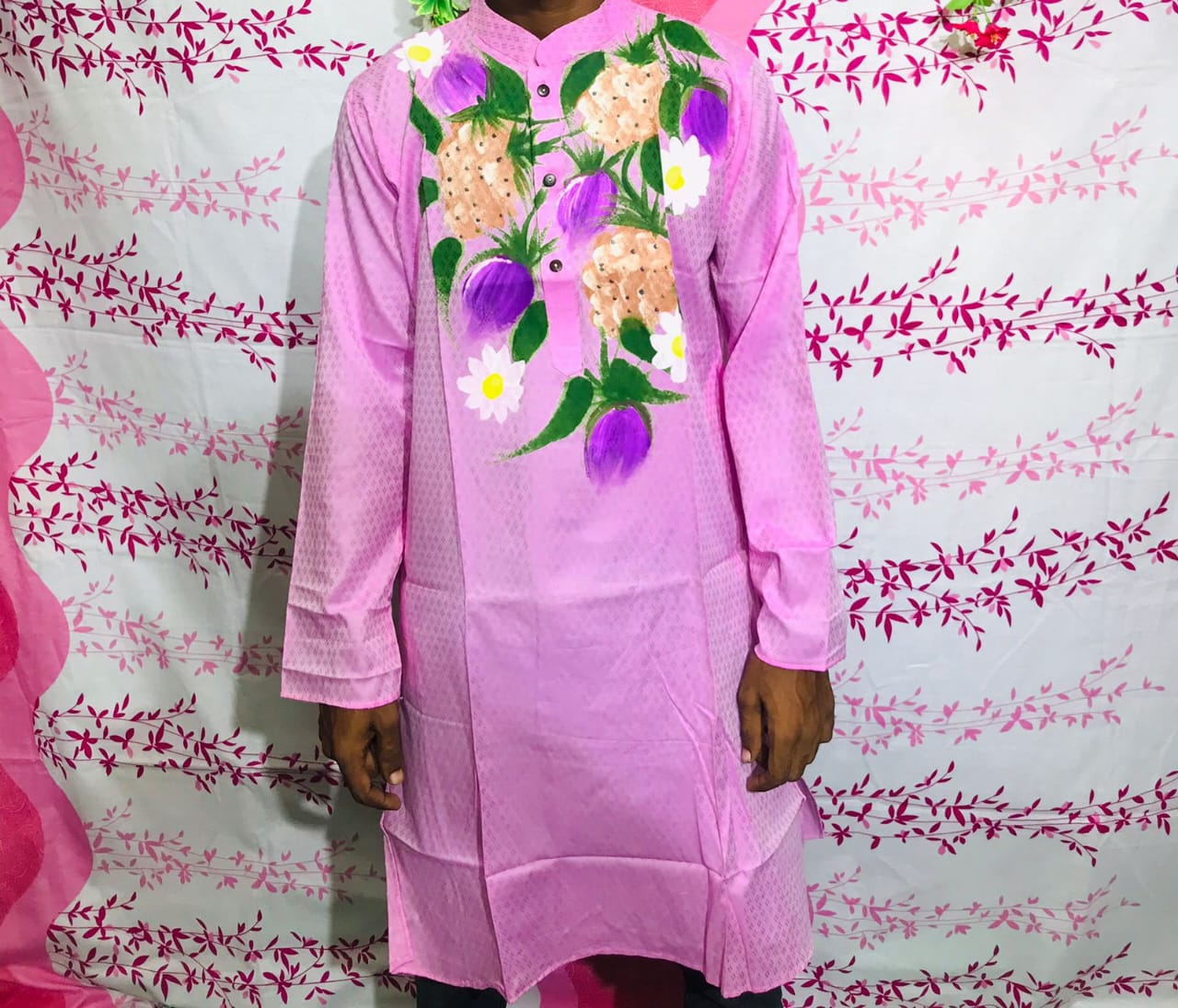 Men's Hand Printed Silk Panjabi, Five Sizes from 38 to 46