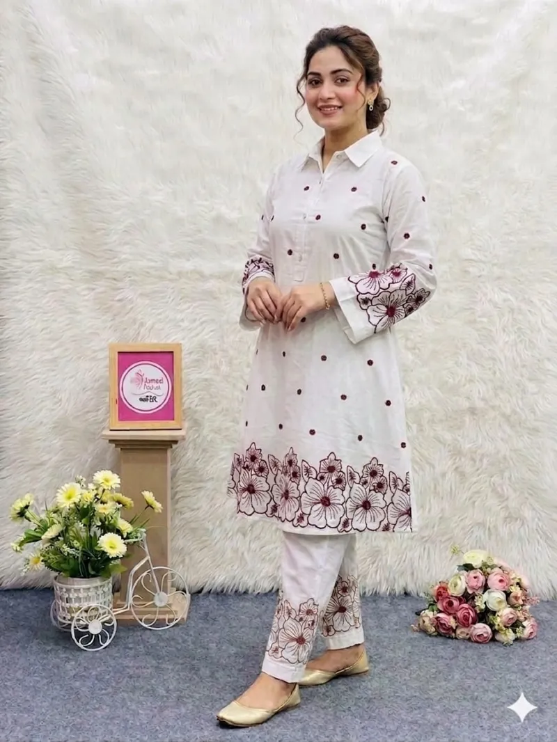 Women's TC Cotton Embroidered Co-Ord Set with Laser Cut Work