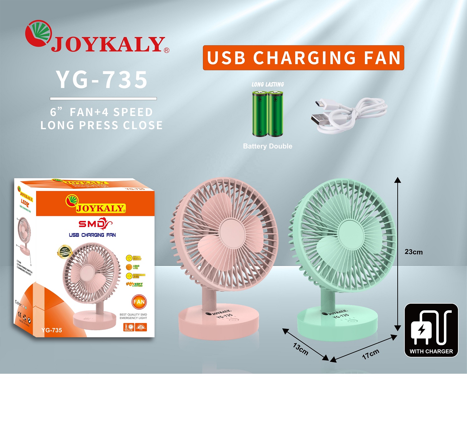 Joykaly YG-735 Rechargeable Portable Desk Fan – 2400mAh Lithium Battery, 3-8 Hours Backup, 90° Adjustable Angle, 3-Blade Cooling Fan for Home & Office