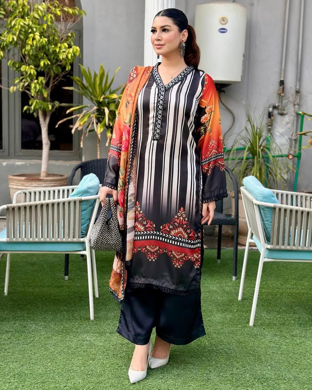 Dubai Silk Three Piece Set with Digital Print, Sizes 36 to 46