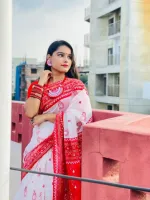 Red and White Half Silk Screen Print Saree for Puja
