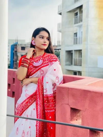 Red and White Half Silk Screen Print Saree for Puja
