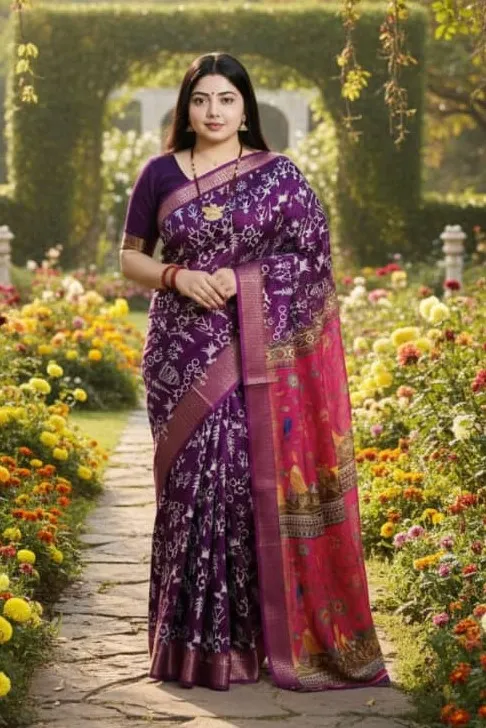 Kaftan Silk Digital Print Saree with Tassels and Zari Border