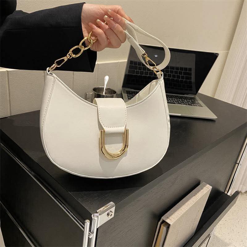 Women's Half Round PU Leather Chain Shoulder Bag with Zipper