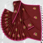 Deep Maroon Cotton Saree with Embroidery & Pink Lace Border