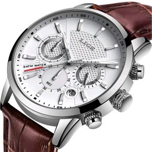 LIGE 9866 Men Fashion Sport Quartz Luxury Leather Waterproof Chronograph Watch