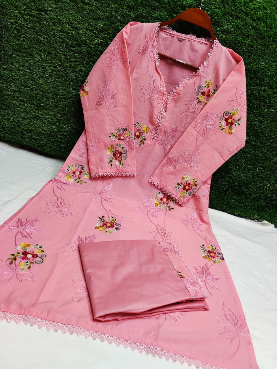 Cotton Two Piece with Aari Work, Kameez and Salwar, M and L