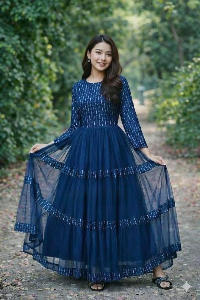 Women's Net Georgette Gown Two Piece with Orna, 52 Inch Long