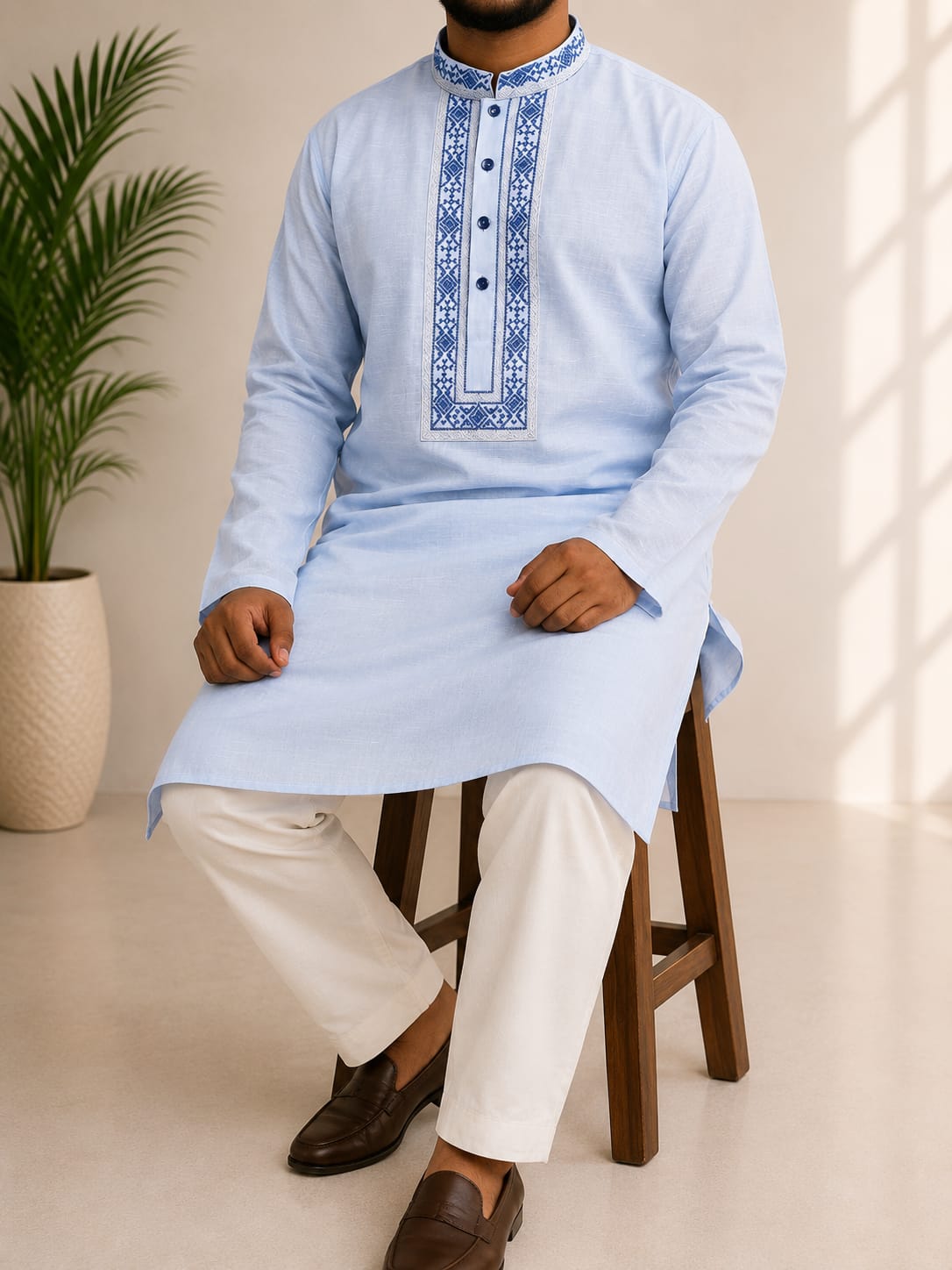 Men's Pure Cotton Panjabi with Body Embroidery, Sizes 38 to 44