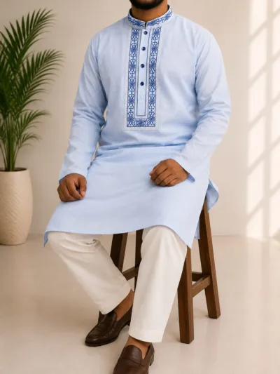 Men's Pure Cotton Panjabi with Body Embroidery, Sizes 38 to 44