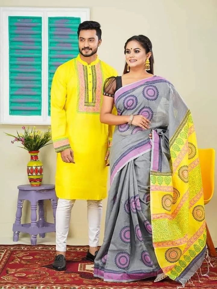 Matching Saree Panjabi Couple Set in Dhupian Silk, 6 Colours