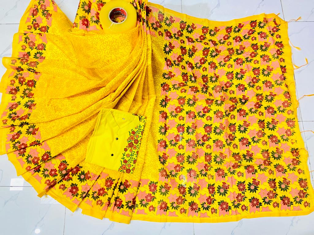 Dhupian Silk Couple Set, Screen Print Saree and Panjabi, S to XL