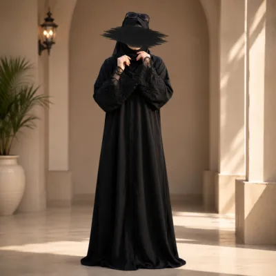 Premium Dubai Cherry Fabric: Elegant Lace Abaya Borka Black Color