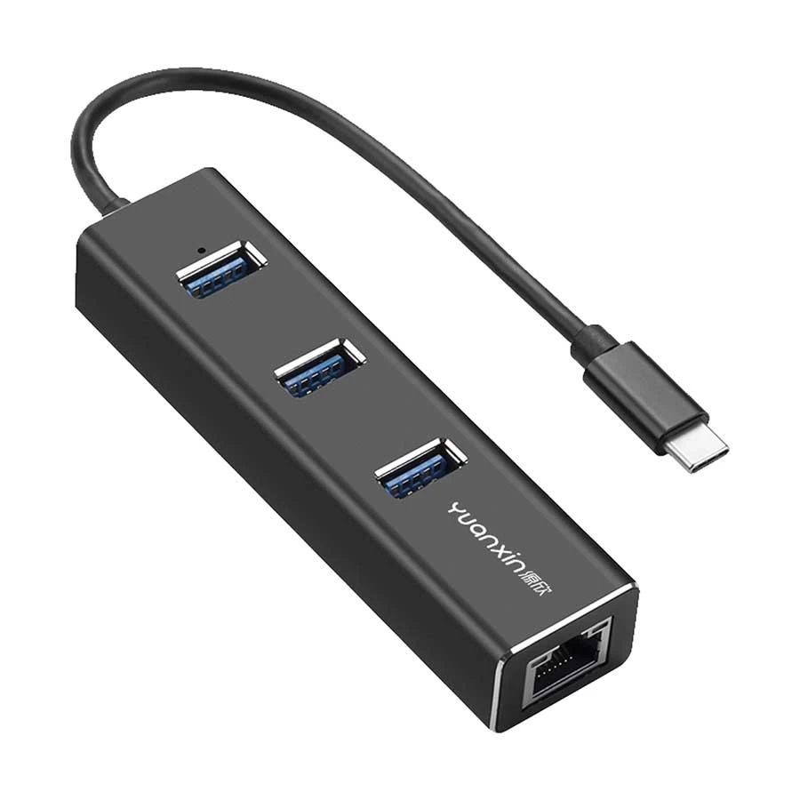 Yuanxin X-3508T Type-C to Tri USB & Gigabit LAN Hub Black