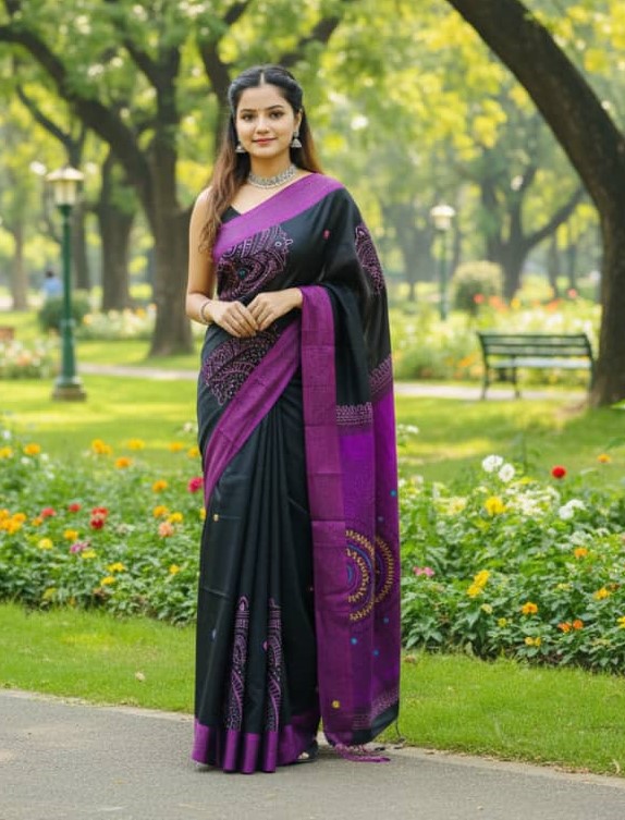 Embroidered Block Print Dhupian Silk Saree in 6 Colours