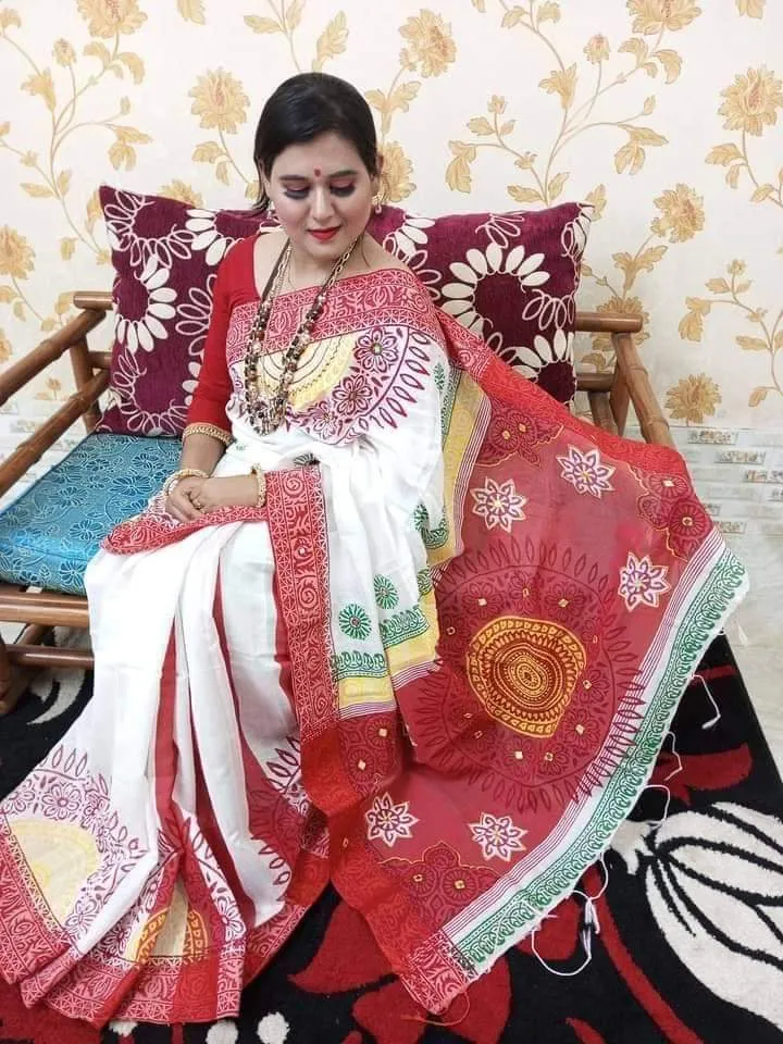 Women's Hand Print Half Silk Saree, 12 Haath Long