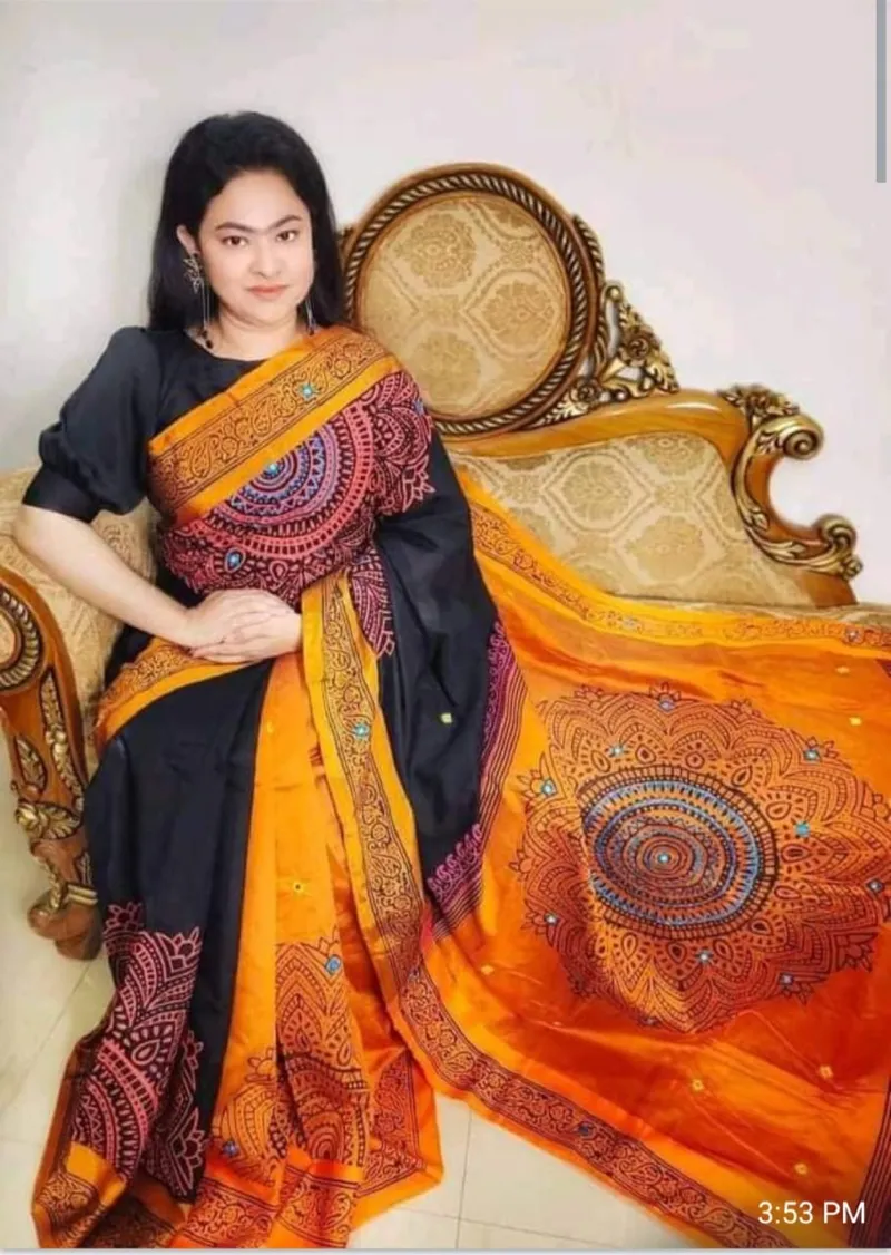 Embroidered Dhupian Silk Saree in Block Print, 13 Haath