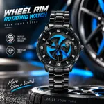 360° Rotating Car Wheel Rim Quartz Watch – Matte Black Sports Wristwatch