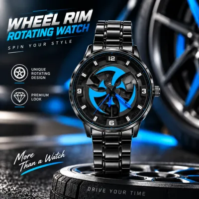 360° Rotating Car Wheel Rim Quartz Watch – Matte Black Sports Wristwatch