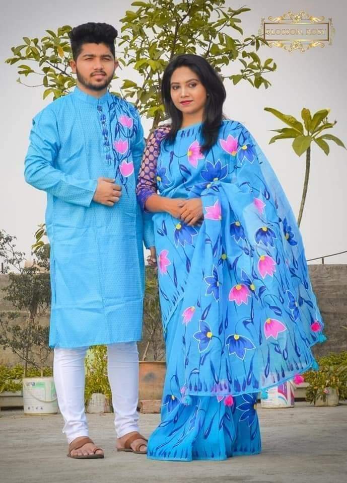 Hand Print Saree and Panjabi Couple Dress, 4 Colour Choices
