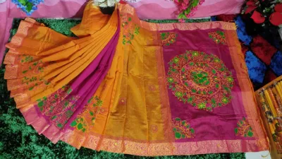 Block Printed Embroidery Saree, Dhupian Silk, 13 Haath