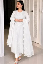 Women's Soft Cotton Embroidery Three Piece with Lace Georgette Orna