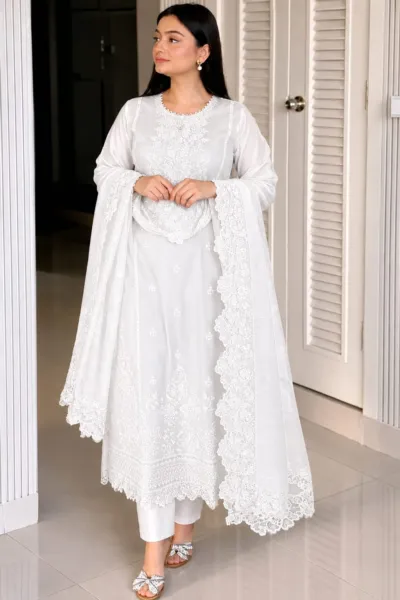 Women's Soft Cotton Embroidery Three Piece with Lace Georgette Orna