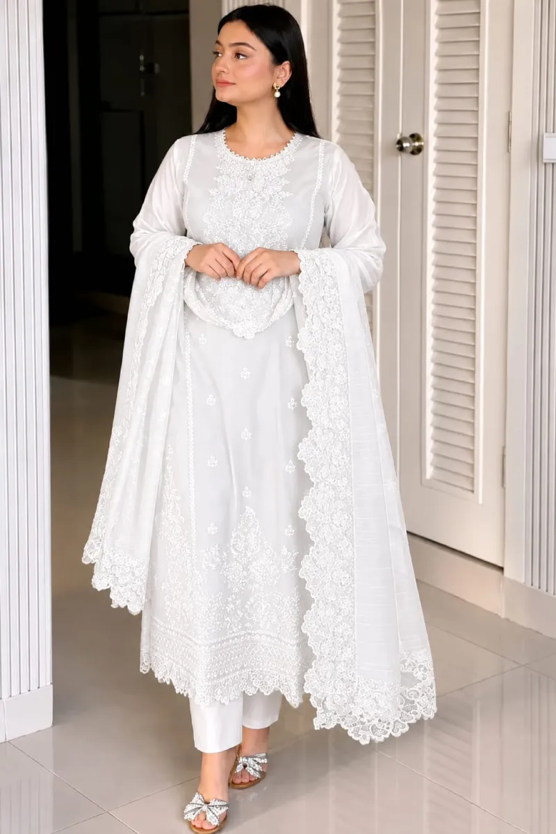 Embroidered Soft Cotton Three Piece, Sizes S to XXL, 5 Colours