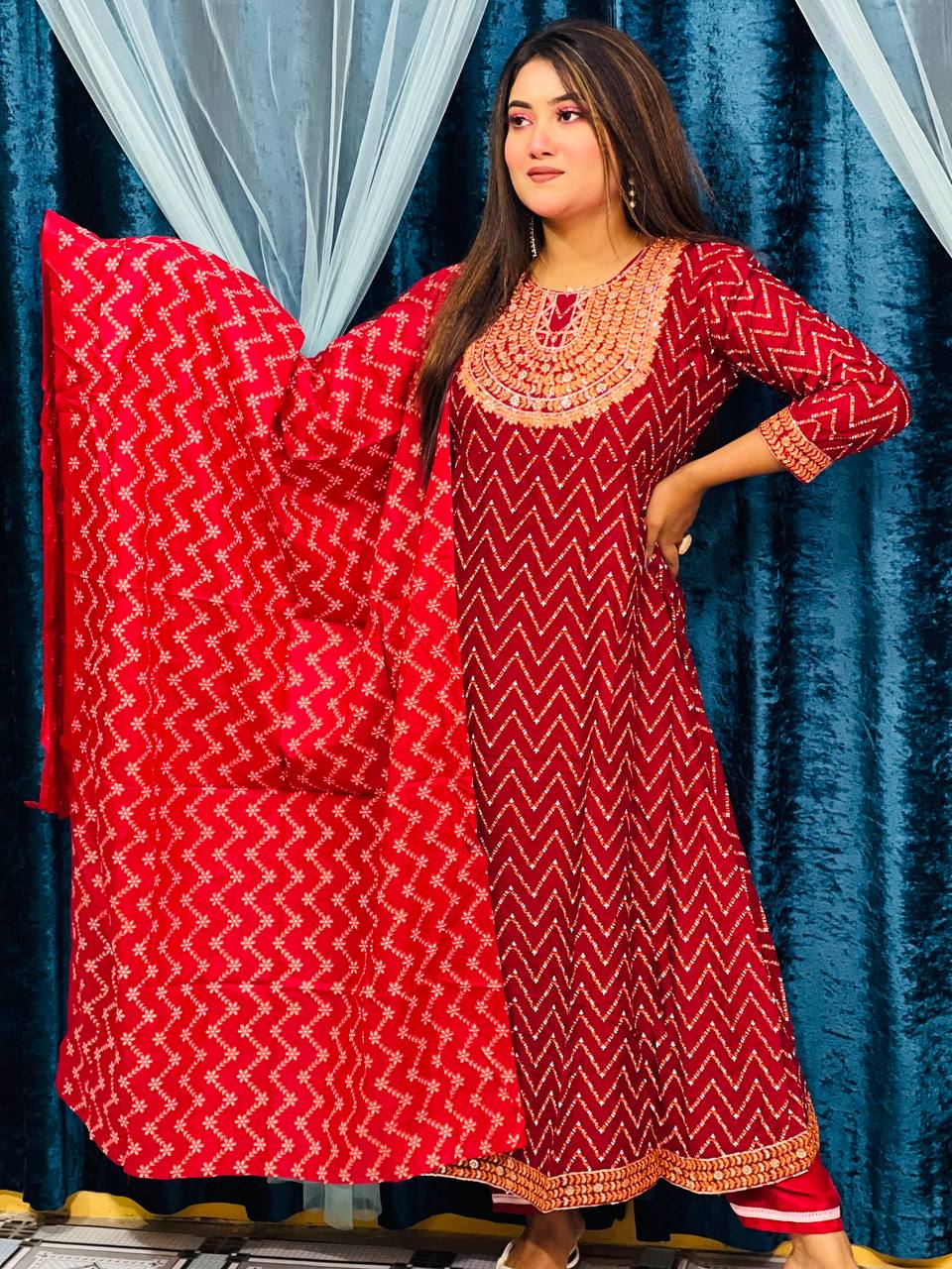 Women's Linen Three Piece with Sequin Embroidery, Free Size 42