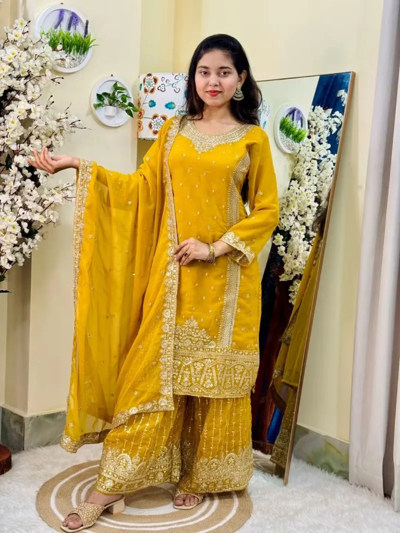 Women's Georgette Gharara Three Piece with Sequin Embroidery