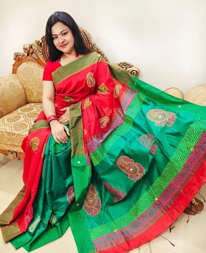Hand Print Half Silk Saree, 12 Haath, One Colour