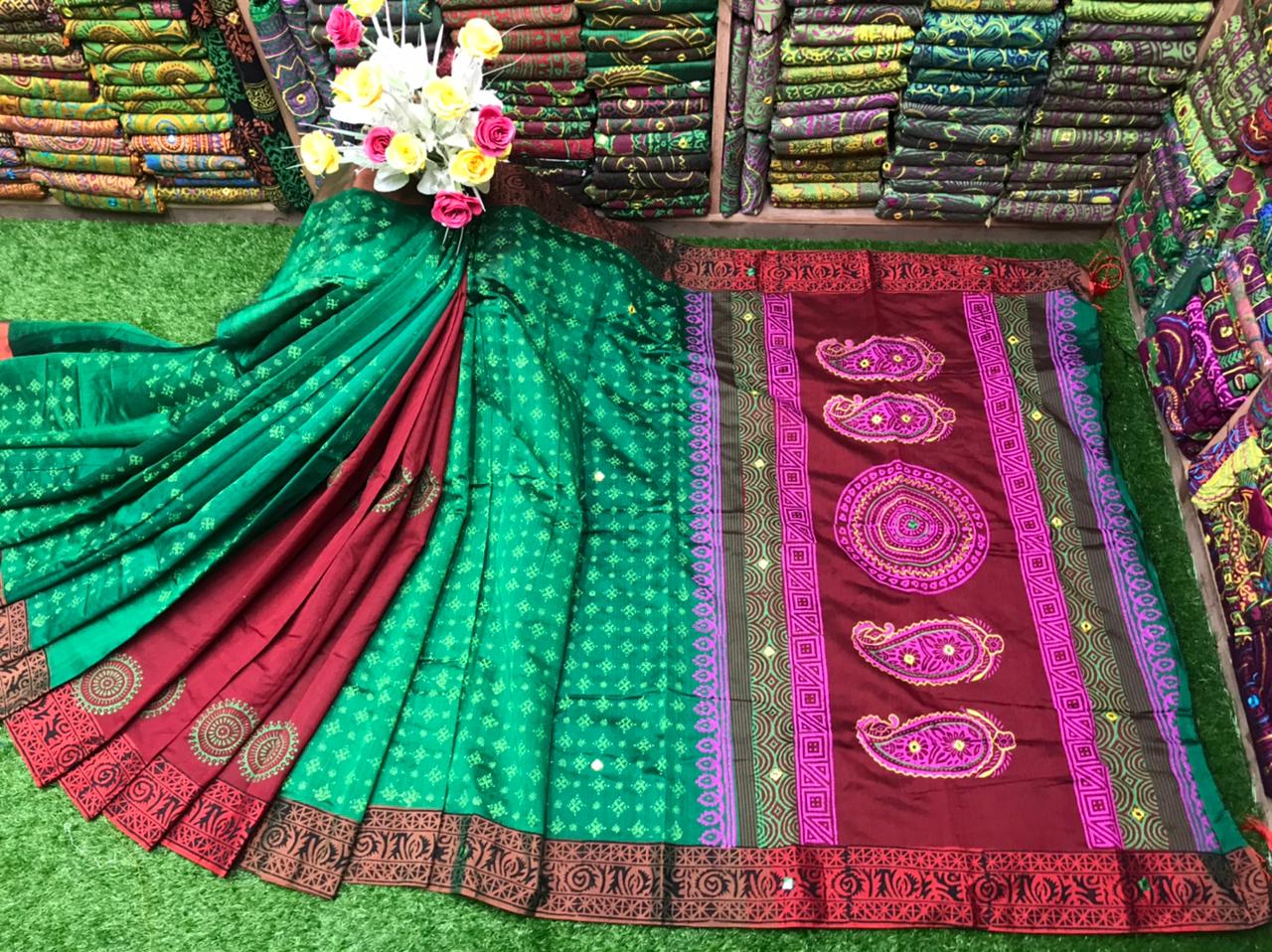 Dhupian Silk Block Print Saree with Embroidered Design, 13 Haath