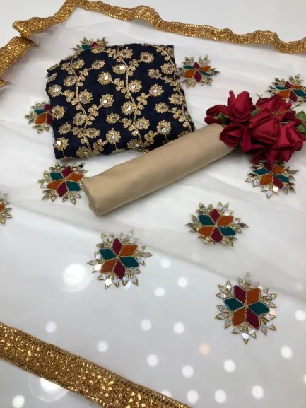 Semi-Stitched Georgette Embroidery Three Piece, Up to 52, 5 Colours