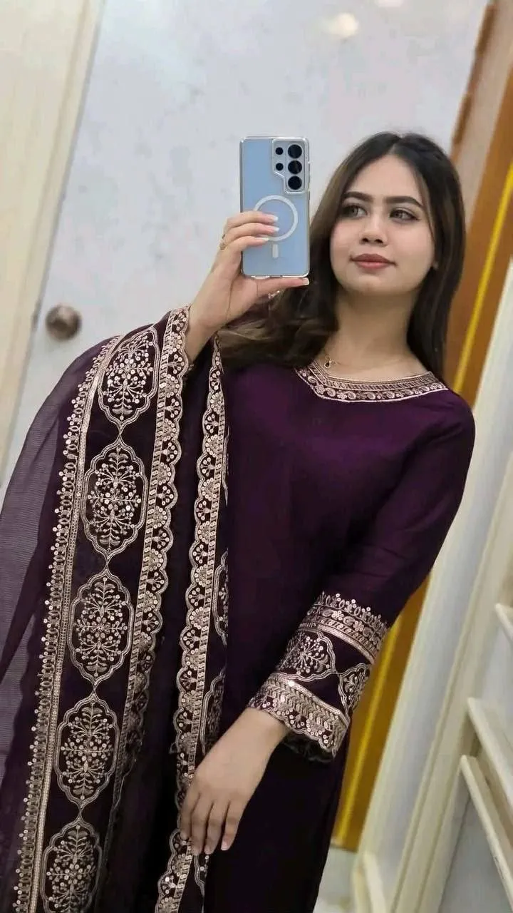 Women's Rayon Cotton Three Piece with Full Body Sequin Embroidery