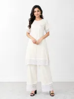 Women's Cotton Long T-Shirt and Pant Set with Lace Trim, Free Size