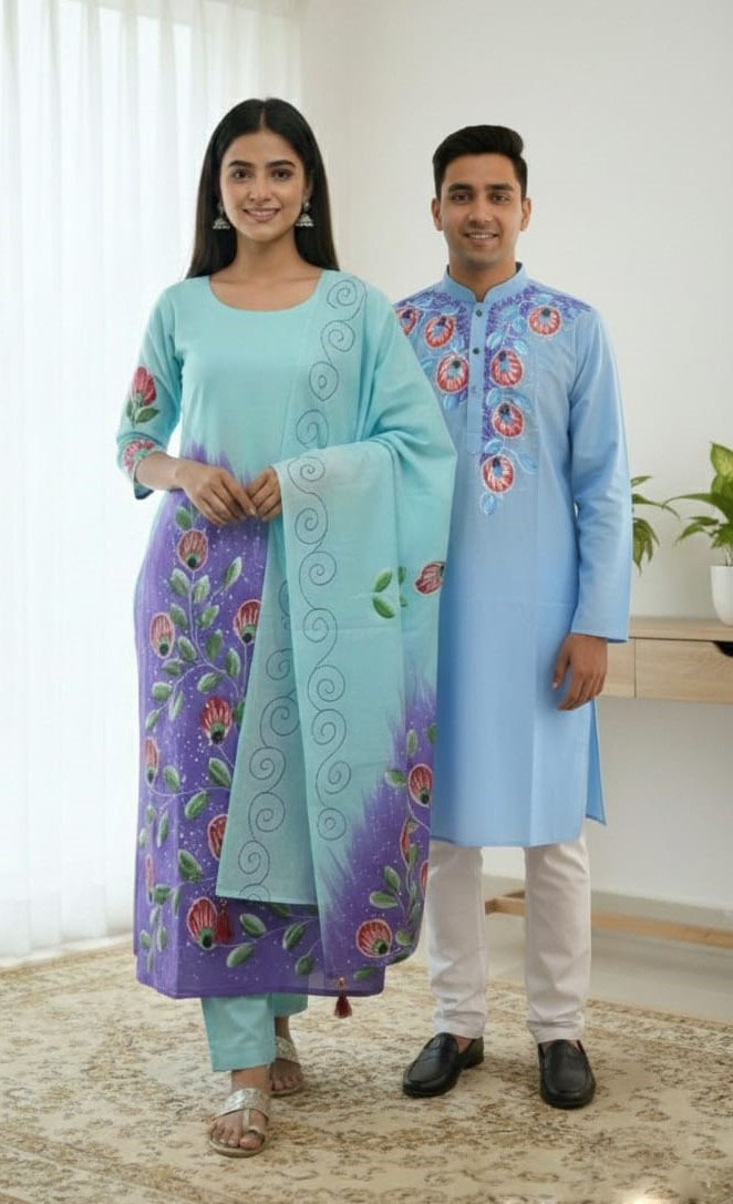 Panjabi and Three Piece Couple Set in Block and Hand Print