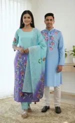 Matching Couple Dress, Unstitched Three Piece with Panjabi 38 to 46